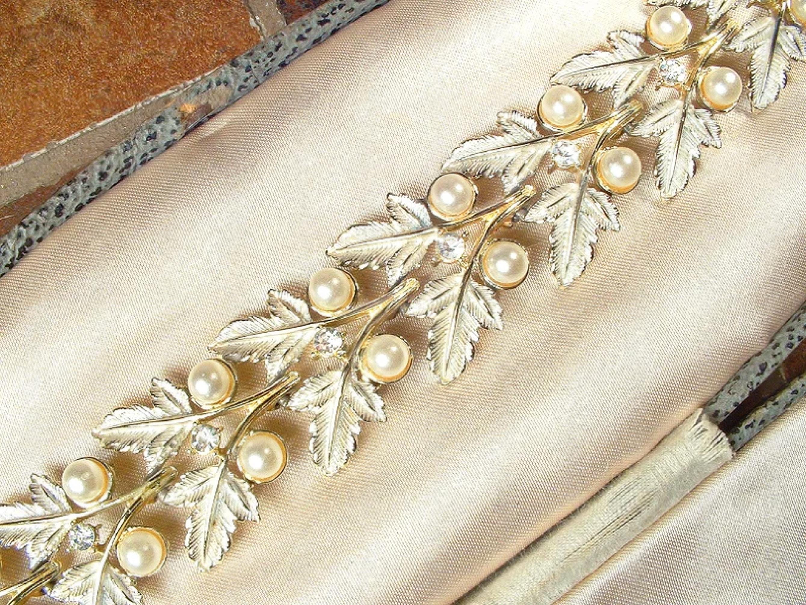Vintage Gold Pearl Leaf Bracelet, Wedding/bridal Ivory Pearl