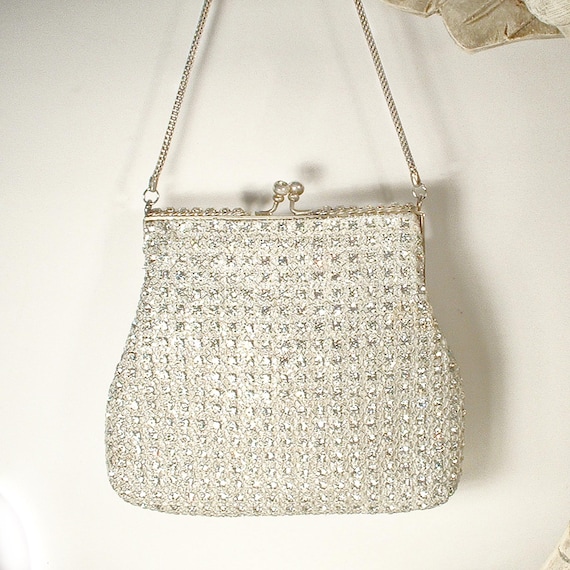 PRISTINE Vintage RHINESTONE Art Deco Purse, Flapper Silver Jeweled Crystal Evening Bag, 1920s Wedding Old Hollywood Glam Handbag Bridal Gift