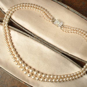 Vintage Art Deco Rhinestone Ivory Pearl Bridal Necklace, Double Strand Cream Glass Pearl Ornate Clasp Wedding Statement Choker