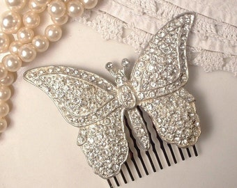 Antique Butterfly HaiR CoMB/1920s Wedding Dress Sash Brooch,Vintage Art Deco Silver Rhinestone Bridal Headpiece Garden Head Piece 1930 Gift