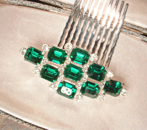 OOAK Vintage Art Deco Emerald Bridal Hair Comb/Dr… - image 7