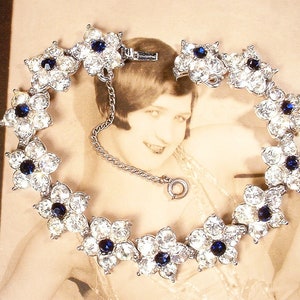 1940s BOGOFF Art Deco Navy Sapphire Flapper Bracelet, Paste Rhinestone Wide Link Bridal, Vintage Wedding Jewelry, Gatsby Something Blue Old