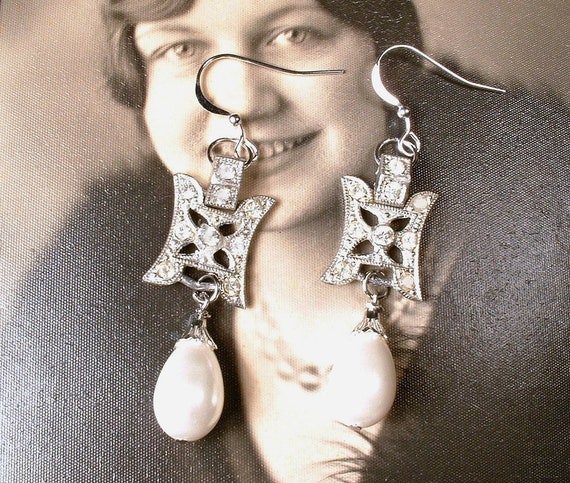 1920s Edwardian Pearl Drop Earrings,Sterling Silv… - image 3