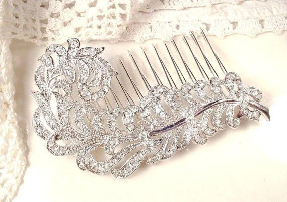 Art Deco KJL Feather Brooch/Hair Comb,Vintage Rhi… - image 7