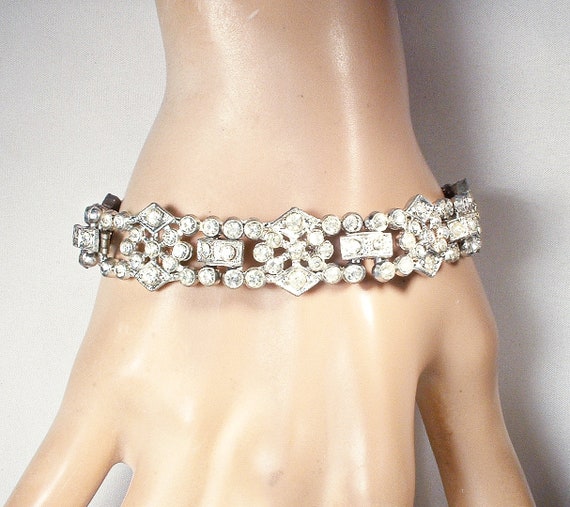 Antique Art Deco Bracelet,Pave Paste Crystal Rhin… - image 7