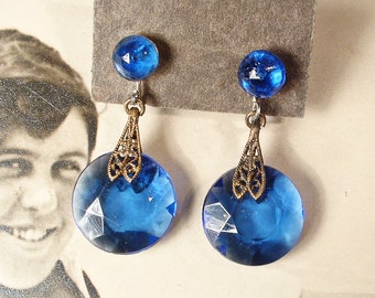 Antique Sapphire Blue Czech Glass Crystal Earrings,Art Deco Rhinestone Filigree Dangle, Bronze Flapper Vintage 1920s 1930s Wedding Screw On