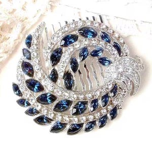 Vintage Sapphire Bridal Hair Comb 1920s, Art Deco Navy Blue Rhinestone Silver Crystal Brooch to Headpiece Head Piece Wedding Jewelry Gift