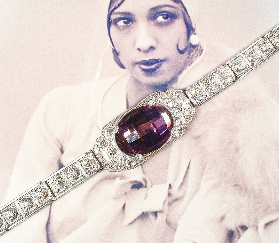 ANTIQUE Art Deco Purple Rhinestone Bracelet, 1920s Nov-e-line Paste  Eggplant Bridal, Silver Panel Link 1930s Vintage Wedding Gatsby Flapper 