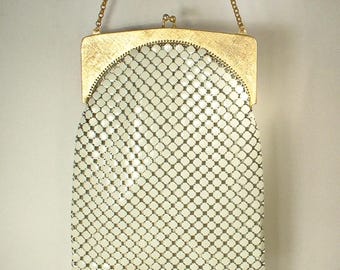 EXCELLENT Art Deco White Ivory Flapper Purse Bridal, Whiting Davis Gold Mesh Bag, Modern Vintage 1920s Wedding Long Handbag 1930s Designer