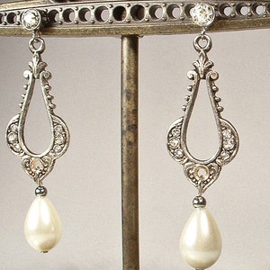 Vintage Art Deco/Nouveau Pearl Bridal Earrings, 1920s Flapper Pave Rhinestone Antique Silver Dangle Ivory Drops, Gatsby Wedding Jewelry image 7