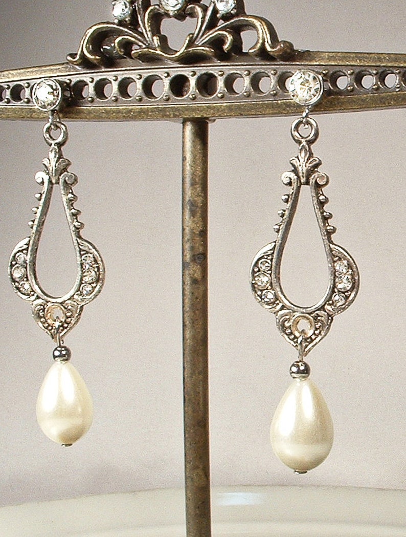 Vintage Art Deco/Nouveau Pearl Bridal Earrings, 1920s Flapper Pave Rhinestone Antique Silver Dangle Ivory Drops, Gatsby Wedding Jewelry image 7