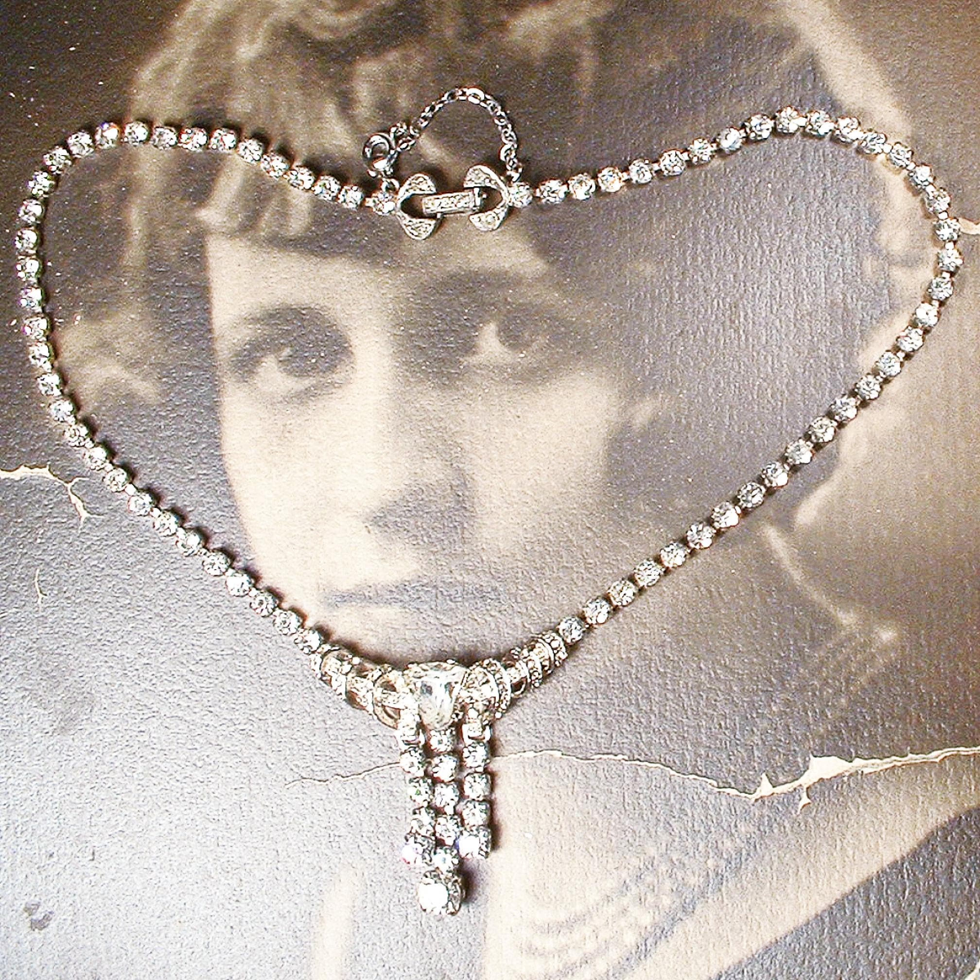 Vintage 1940s Art Deco Crystal Rhinestone Necklace,Bridal/Wedding Old Hollywood Glam Choker,Silver 1920s Gatsby Flapper Statement