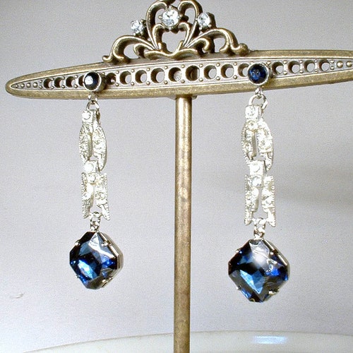 Vintage Art Deco Flapper Sapphire Rhinestone Dangle Earrings, Bridal Silver Paste Navy shops Long Drop Gatsby 1920s Wedding Something Blue Old 20s