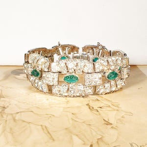 Vintage Art Deco BREDT Smaragd Strassarmband, Silverpasta Grön Kristall Flapper Gatsby Brud 1920-tals Bröllop 7,75 Tum