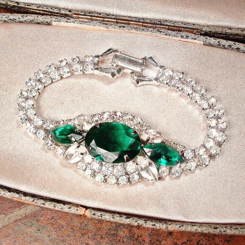Vintage Art Deco Emerald Green Rhinestone Bracelet, Silver 1920s Wedding/Bridal Wide Old Hollywood Glam Flapper Statement Cuff WEISS