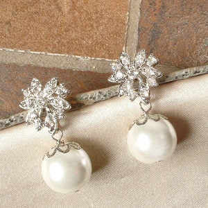 Art Deco Off White/Ivory Pearl Dangle Earrings, Glass Pearl Ball Rhinestone Silver Floral Bridal Drop, 1920s Wedding Jewelry Bridesmaid Gift image 7