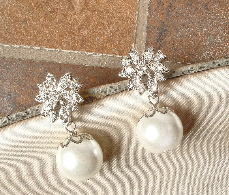 Art Deco Off White/Ivory Pearl Dangle Earrings, Glass Pearl Ball Rhinestone Silver Floral Bridal Drop, 1920s Wedding Jewelry Bridesmaid Gift image 7