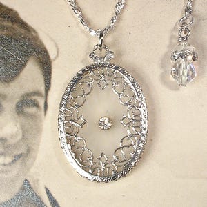 ANTIQUE Art Deco Camphor Glass Necklace, Silver Rhodium Filigree Rhinestone Pendant Nouveau,1920s Bridal Vintage Wedding 1930s Shower Gift