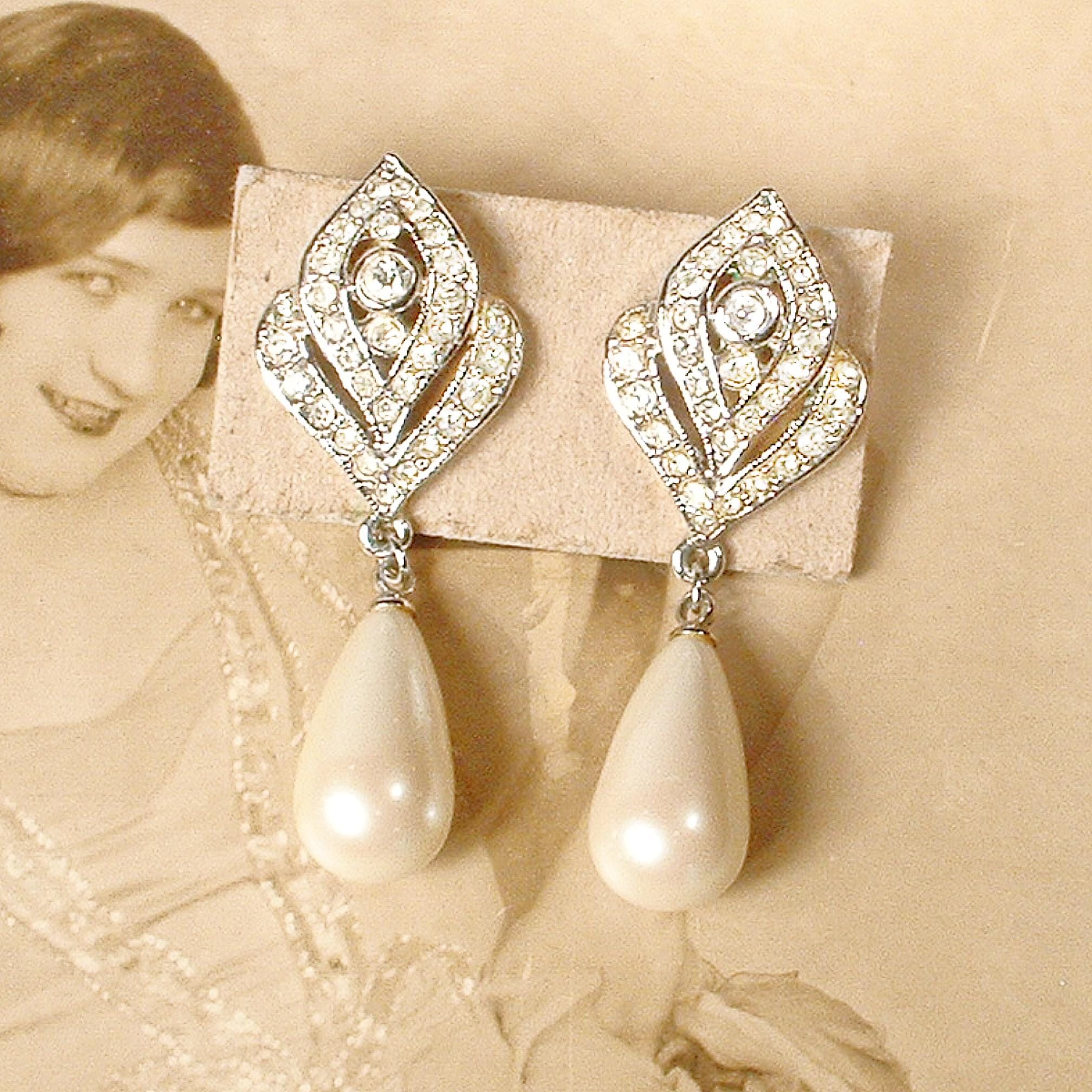 Vintage Ivory Pearl Rhinestone Dangle Earrings, Art Deco