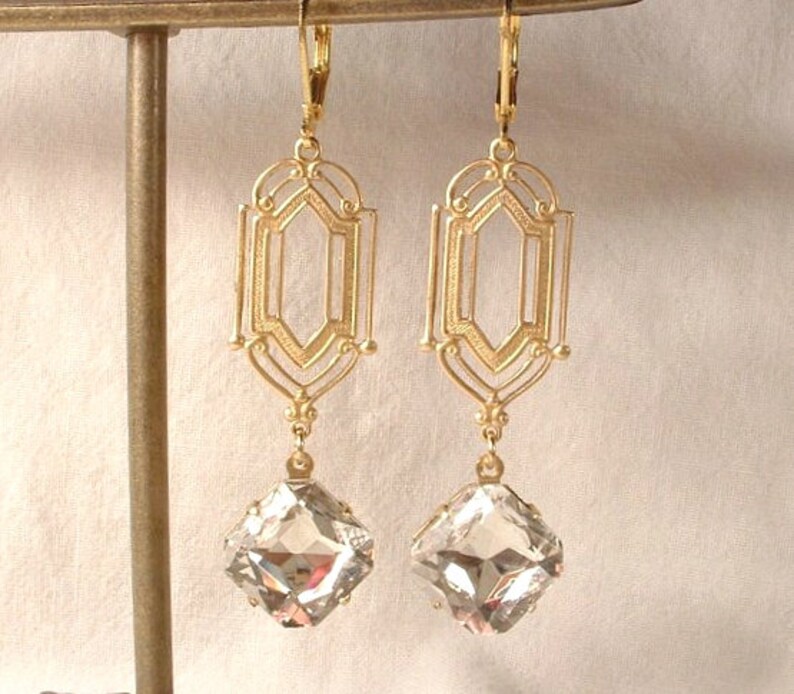 Art Deco Clear Rhinestone Gold Dangle Earrings,Long 1920s Style Bridal, Geometric Flapper Edwardian Gatsby Vintage Wedding Bridesmaid Gift image 3