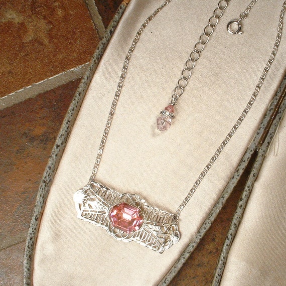 OOAK Antique Pink Crystal Rhinestone Silver Rhodi… - image 4