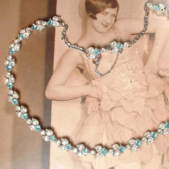 Vintage Aqua Rhinestone Necklace, BOGOFF 1940s Ar… - image 1