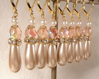 Gold Blush Pink Bridesmaid Earrings, Vintage Crystal, Nude Champagne Pearl & Rhinestone Bridal Dangle Earrings, Dusty Pink Bridesmaids Gifts