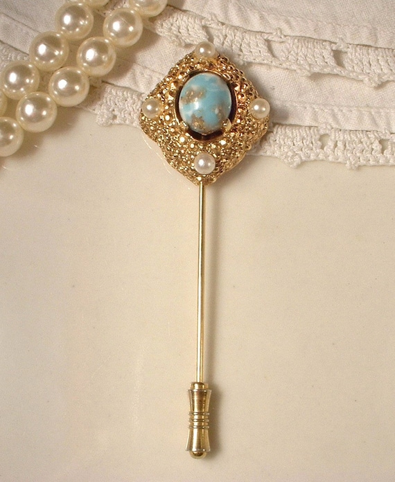 Turquoise Ivory Pearl Gold Bridal Hair Comb & Pin… - image 5