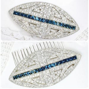 Vintage 1920s NAVY Bridal Hair Comb/Wedding Dress Sash Brooch, Art Deco Sapphire Blue Rhinestone Antique Gatsby Headpiece Head Piece Gift