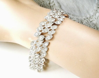 PRiSTiNe Vintage Art Deco Rhinestone Bracelet, ORA Bridal 1920s Wedding, Silver Crystal Wide Old Hollywood Glam 1940s