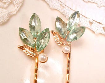 Brauthaarnadeln in Salbeigrün mit goldenen Blättern, 2er-Set, Haarnadeln mit Strasssteinen und Perlen in Mintgrün, Vintage-Gartenhochzeits-Clips