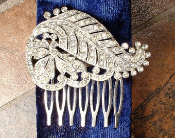 Vintage 1920s Bridal Hair Comb/Wedding Dress Clip Brooch, Art Deco Rhinestone Leaf Antique Hairpiece Headpiece Gatsby Garden Head Piece