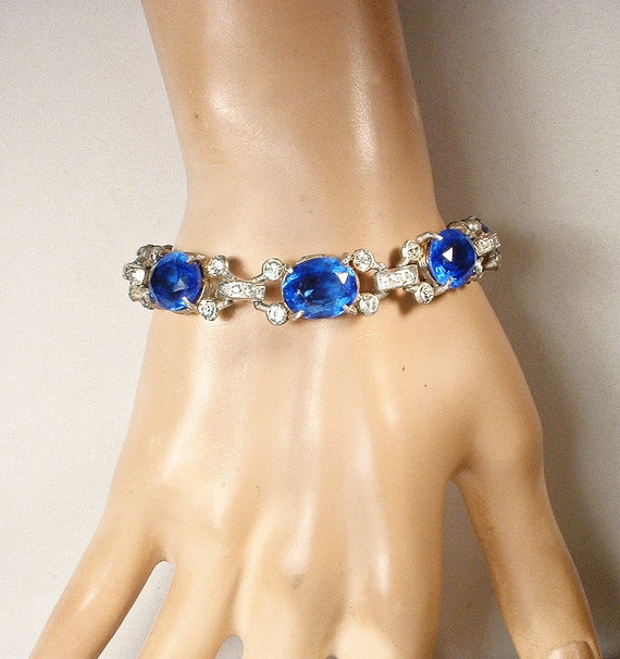 Antique Art Deco Sapphire Blue Crystal Bracelet,S… - image 6