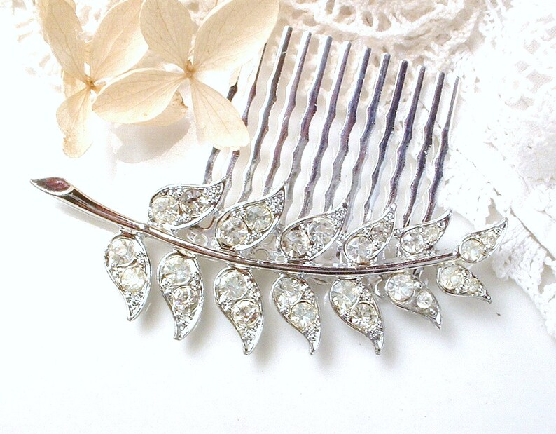 Art Deco Clear Pave Rhinestone Silver Fern Brooch or Hair Comb Vintage Bridal Leaf Hairpiece or Sash Brooch Woodland Wedding Grecian 1920s