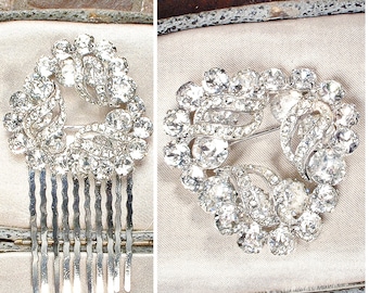 PRISTINE Vintage 1940s EISENBERG Brooch/Bridal Hair Comb,Layered Crystal Rhinestone Bridal Wedding Dress Sash Pin/Headpiece Hairpiece Signed