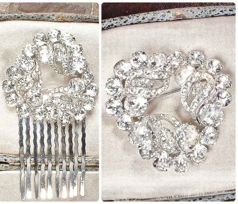 PRISTINE Vintage 1940s EISENBERG Brooch/Bridal Hair Comb,Layered Crystal Rhinestone Bridal Wedding Dress Sash Pin/Headpiece Hairpiece Signed image 1