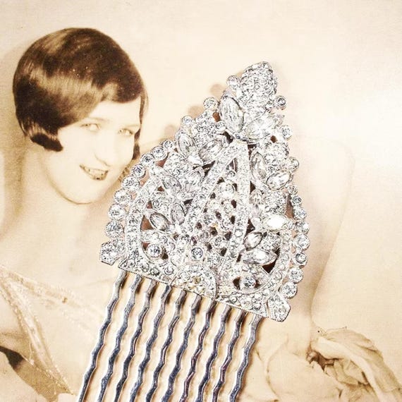 Antique 1920s Art Deco Bridal Hair Comb/dress Clip,silver  display picture 1
