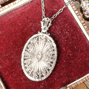ANTIQUE Art Deco Camphor Glass Necklace, Silver Rhodium Filigree Rhinestone Pendant Nouveau,1920s Bridal Vintage Wedding 1930s Shower Gift