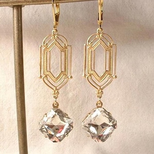 Art Deco Crystal Rhinestone Gold Dangle Earrings, Long 1920s Bridal,Geometric Flapper Edwardian Great Gatsby Vintage Wedding Bridesmaid Gift