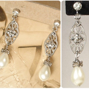 Vintage Art Deco Marcasite Ivory Pearl Earrings, Antique STeRLiNG SiLVeR Rhinestone Glass Pearl Bridal Dangle,1920s 1930s Wedding Long Drop image 1