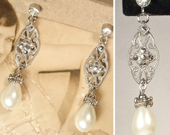 Vintage Art Deco Marcasite Ivory Pearl Earrings, Antique STeRLiNG SiLVeR Rhinestone Glass Pearl Bridal Dangle,1920s 1930s Wedding Long Drop