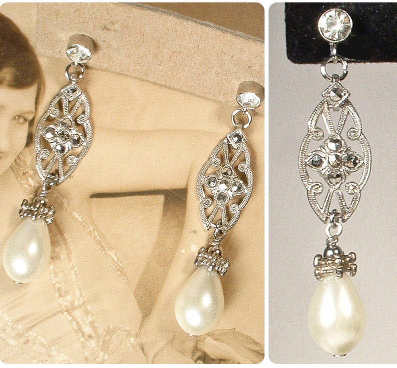 Vintage Art Deco Marcasite Ivory Pearl Earrings, Antique STeRLiNG SiLVeR Rhinestone Glass Pearl Bridal Dangle,1920s 1930s Wedding Long Drop image 1