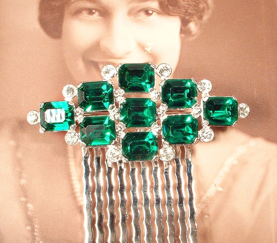 OOAK Vintage Art Deco Emerald Bridal Hair Comb/Dr… - image 2