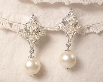PRISTINE Vintage Art Deco Off White / Elfenbein Perle Kristall Strass Braut baumeln Ohrringe, Silber Tropfen 1920s Flapper Clip auf dem Rücklaufsteg
