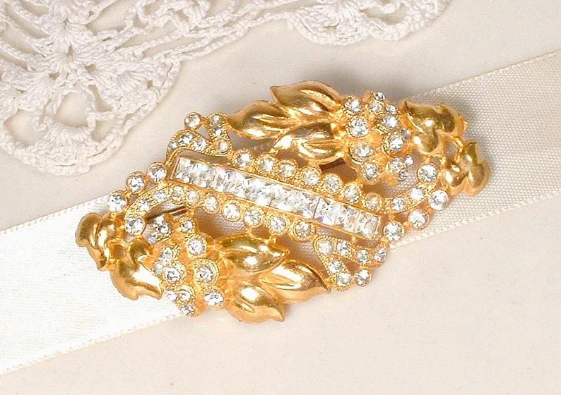Peineta/broche vintage Art Déco con diamantes de imitación dorados, broche para fajín de vestido de novia/boda de los años 20, tocado de cristal estilo Gatsby Flapper. Regalo perfecto. imagen 5