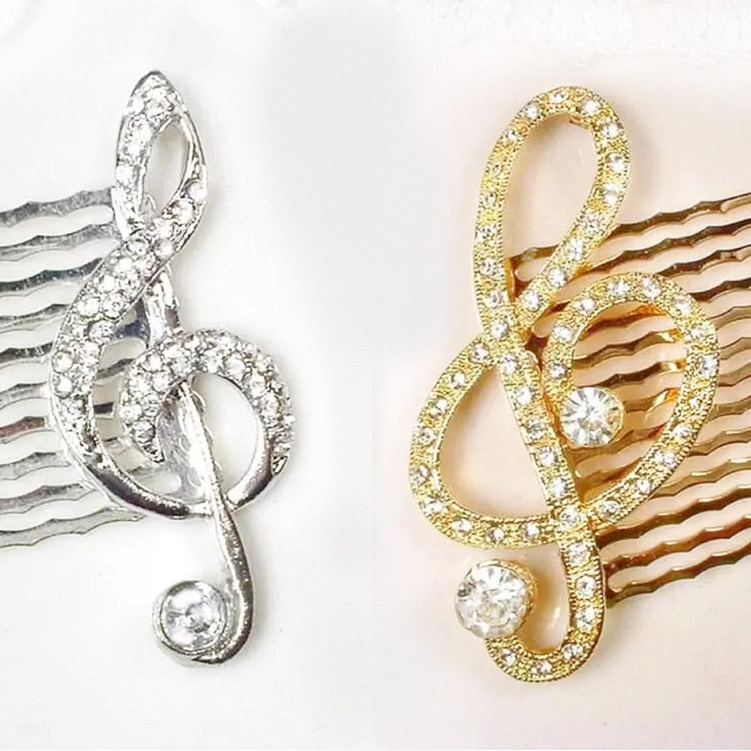 Rhinestone Musical Bridal Hair Comb, 1 Silver OR Gold Treble Clef ...