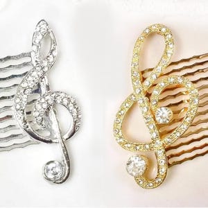 Rhinestone Musical Bridal Hair Comb, 1 Silver OR Gold Treble Clef Brooch Crystal Music Wedding Headpiece Jazz Age Hair Accessory Shower Gift