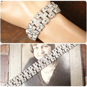 Vintage Art Deco 1930s Paste Rhinestone Bracelet,Silver Wide Link 1920s Bridal/Wedding Flapper Twenties Something Old Gatsby Antique 1920