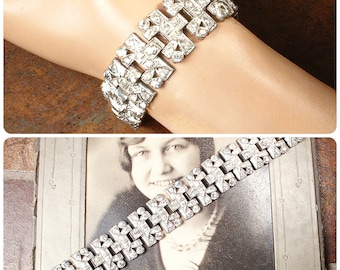 Vintage Art Deco 1930s Paste Rhinestone Bracelet,Silver Wide Link 1920s Bridal/Wedding Flapper Twenties Something Old Gatsby Antique 1920