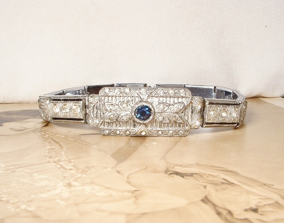 ANTIQUE Art Deco Sapphire Rhinestone Bracelet,Tru… - image 5